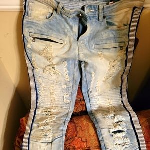 FOCUS jeans Men Size 30W 32L White rhinestones Skinny Slim Fit